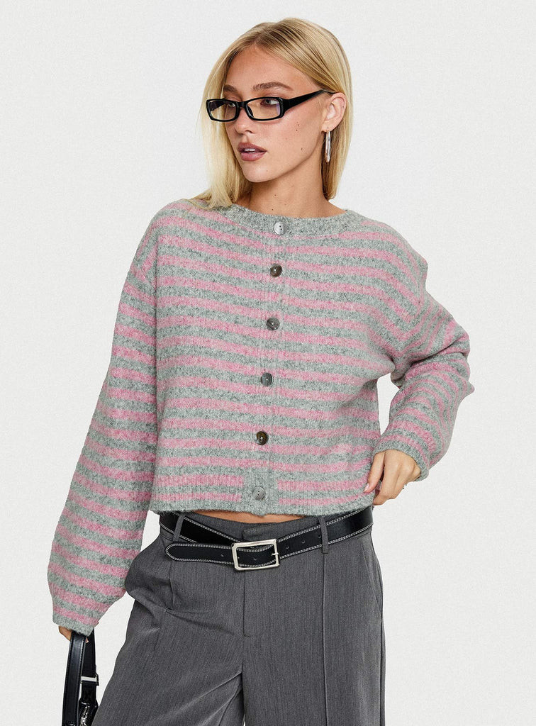 Raynna Button Up Cardigan Pink / Grey Stripe | Princess Polly US