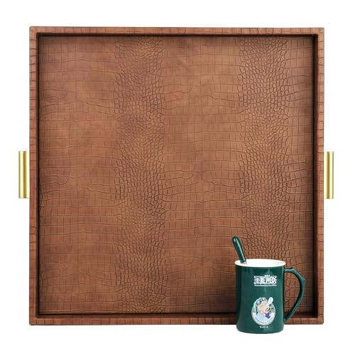 HofferRuffer Elegant Decorative Serving Tray, 20"x20" Square Faux Leather Ottoman Tray with Gold Hardware Handles, Coffee Table Serve Tea Coffee or Breakfast (Antique Brown) | Amazon (US)