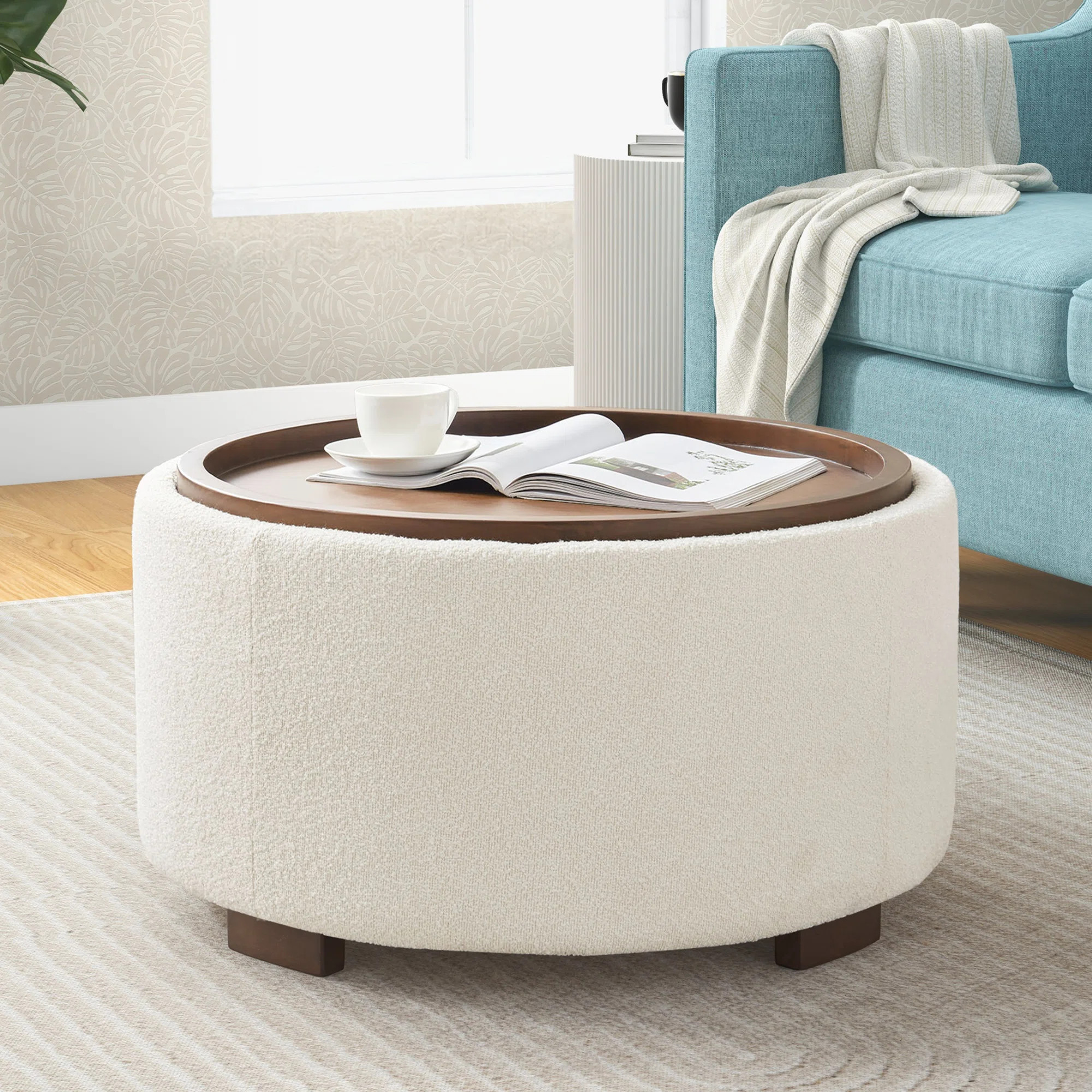 Caysey 30.1" W Upholstered Round Storage Ottoman with Wooden Tray | Wayfair North America