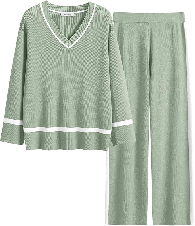ANRABESS Women's 2 Piece Outfits Long Sleeve V Neck Knit Sweater Top and Wide Leg Pants Lounge Se... | Amazon (US)