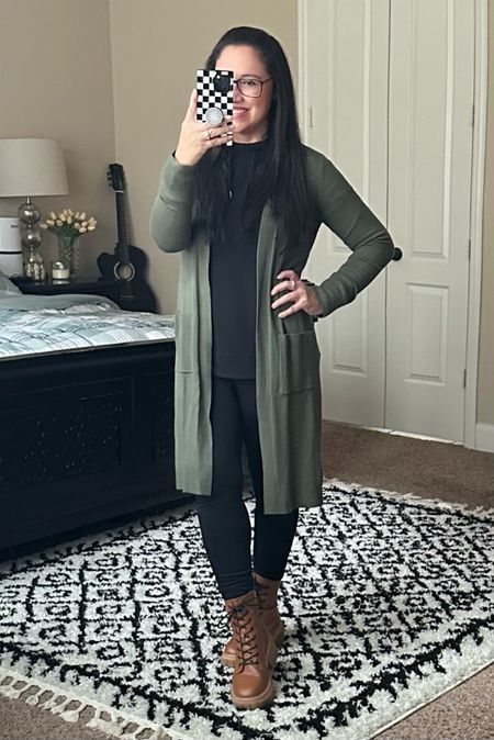 fall outfit inspo | winter outfit inspo | mock neck pullover hoodie | duster cardigan | leggings | combat boots | lace up boots | classic style | casual style

#LTKsalealert #LTKSeasonal #LTKfindsunder50