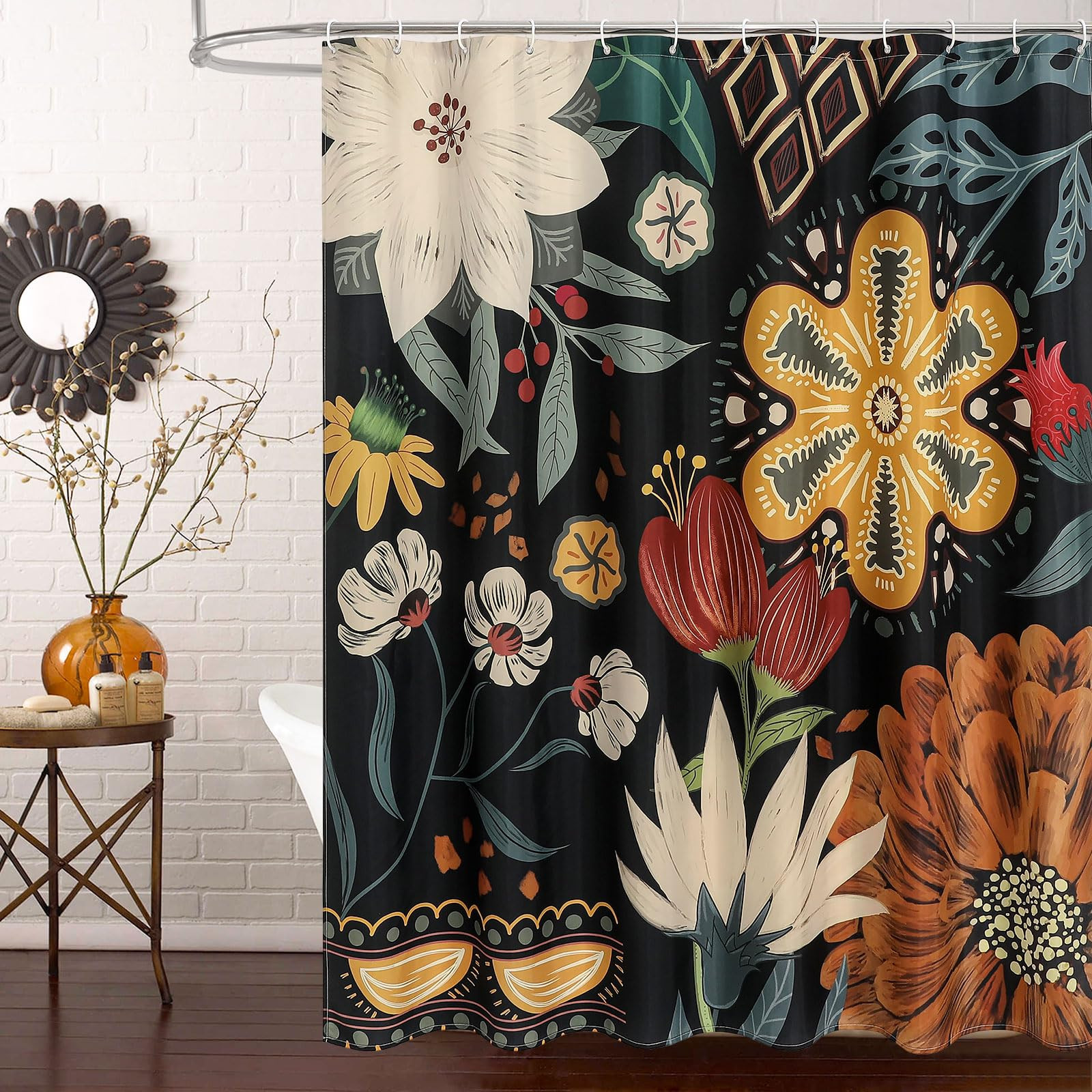 MitoVilla Boho Floral Shower Curtain Set with Hooks, Tropical Leaves Fabric Cloth Shower Curtains... | Amazon (US)