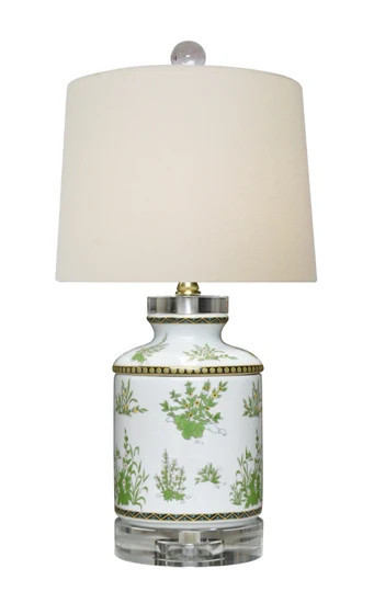 Green & White Floral Cylinder Lamp on Crystal Base | The Enchanted Home