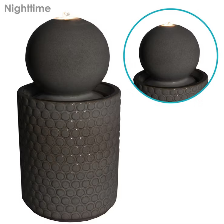 Sunnydaze Modern Orb on Circle-Pattern Base Ceramic Outdoor Fountain with LED Lights, Gray | Target