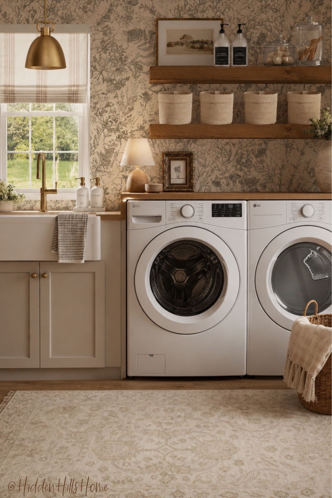 Laundry room decor, laundry room design, laundry room wallpaper, runner, laundry room mood board, home decor 
Wall color is SW Analytical Gray