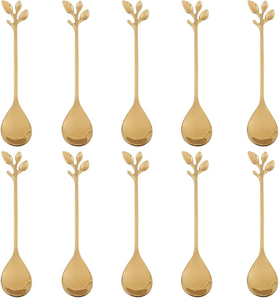 Amazon.com: Stainless Steel Gold Leaf Coffee Spoon-AnSaw 10 Pcs Creative Tableware Dessert Spoons... | Amazon (US)