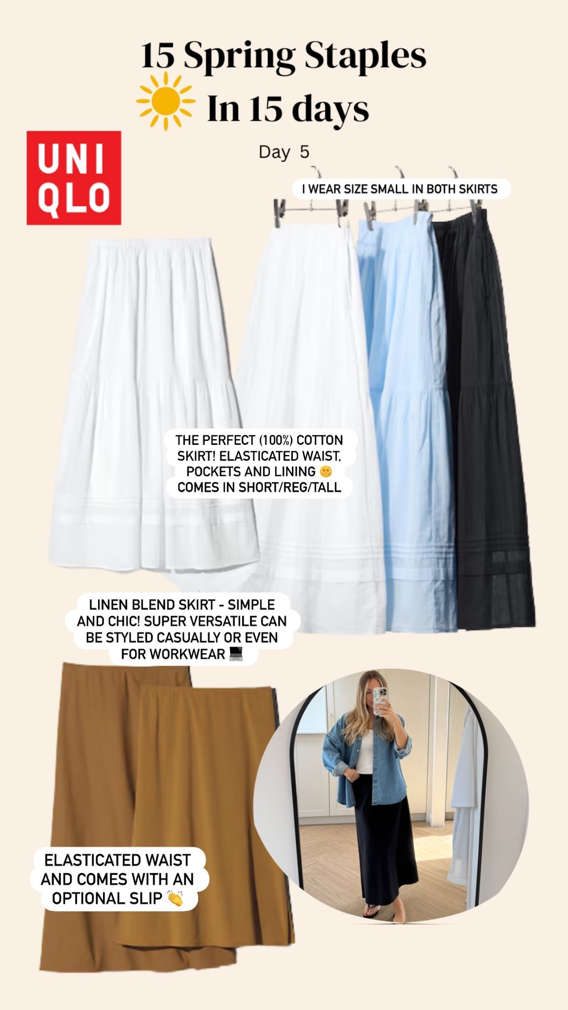 Day 5 of 15 Spring Staples in 15 Days - the most perfect midi/maxi skirts from Uniqlo 🌞 elasticated waist bands, pockets, lining/optional slips?! It’s a yes!!!  I wear a size small in both 🤍

#LTKspring