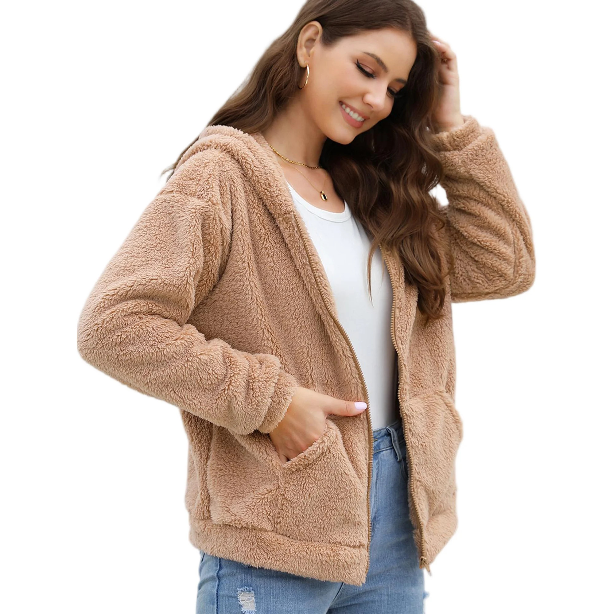 Cuteduck Womens Sherpa Jacket Fuzzy Fleece Zip Up Winter Hoodies Coat, S-2XL | Walmart (US)