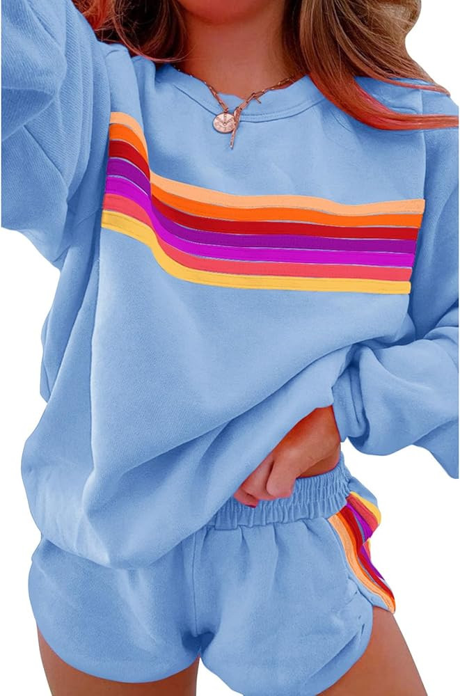 SELINK Women 2 Piece Outfits Sweatsuit Casual Striped Pullover and Shorts Sets Travel Tracksuit | Amazon (US)