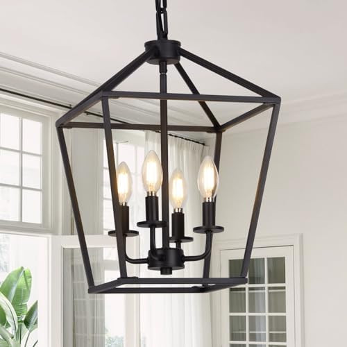 4 Light Chandelier, Industrial Ceiling Light Black Lantern Light Fixtures with Farmhouse Metal Cage Adjustable Height Rustic Geometric Hanging Light E12 Base for Kitchen Island, Entryway, Indoor | Amazon (US)