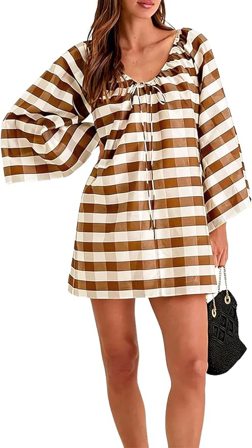 Women's Boho Dress Gingham Bell Sleeve Tie Neck Shift Dress Beach Cover Up Mini Dress | Amazon (US)