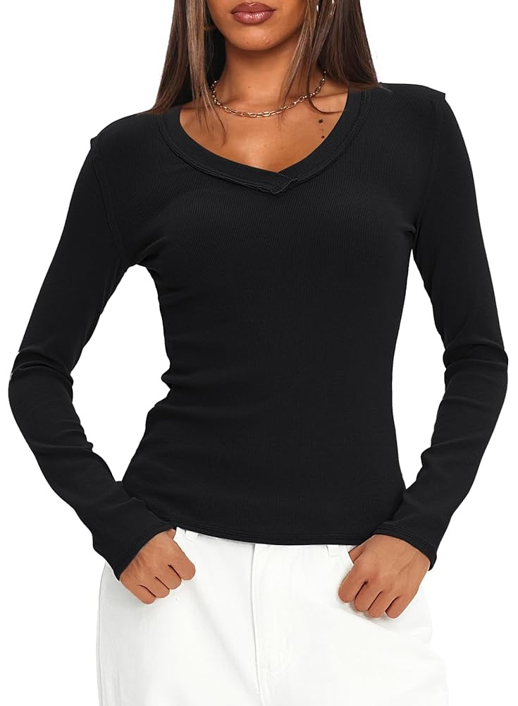 Darong Long Sleeve Tshirts for Women Fall Fashion V Neck Basics Crop Tops Slim Fitted Y2K Tops Ri... | Amazon (US)