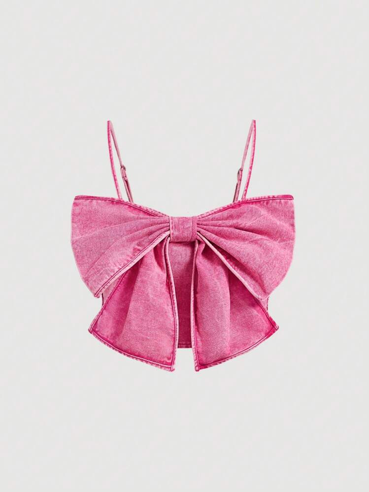 SHEIN MOD Women's Vintage Denim Top, Cotton, Pink, Sweet Bowknot, Camisole | SHEIN