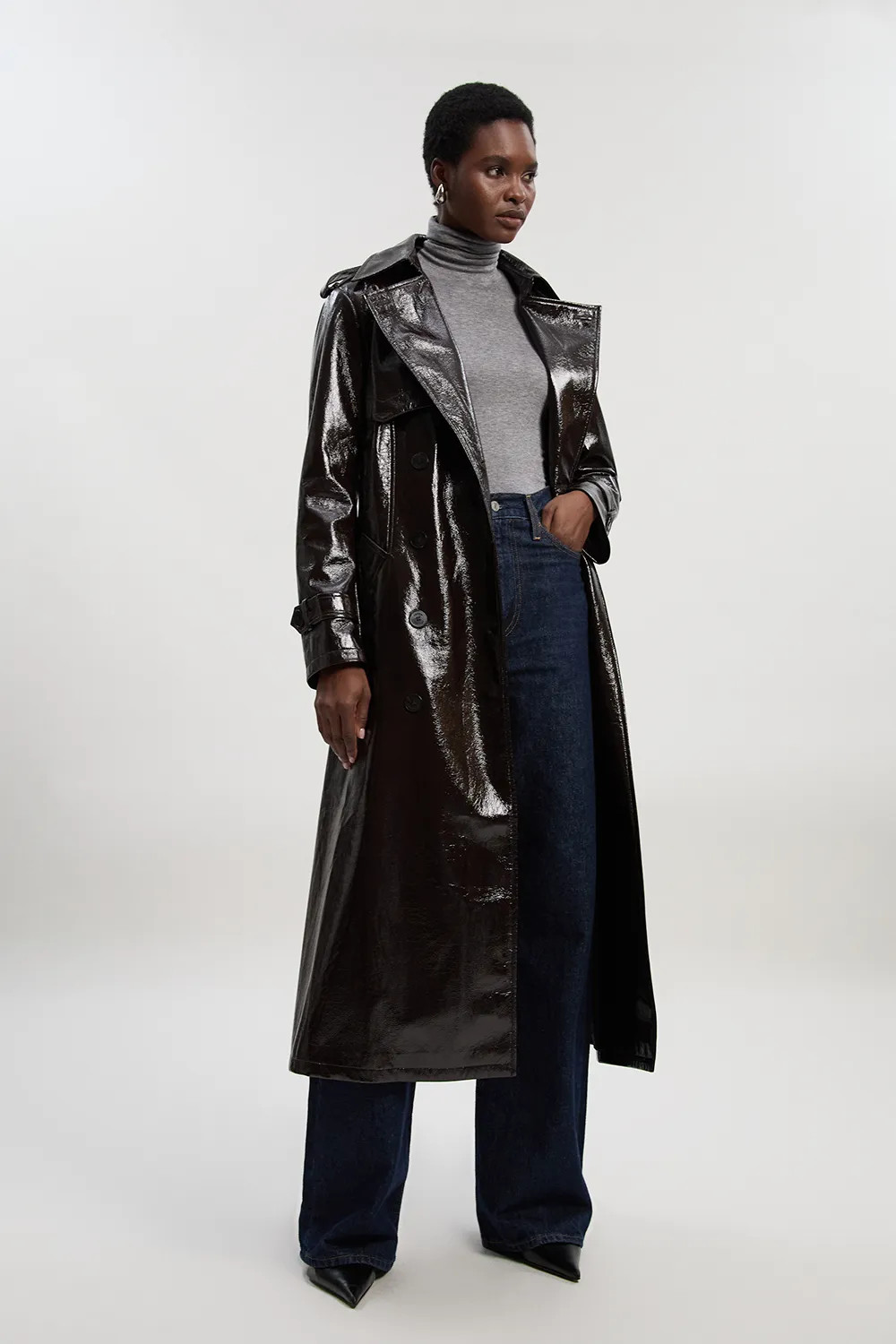 High Shine Faux Leather Trench Coat | Karen Millen UK + IE + DE + NL
