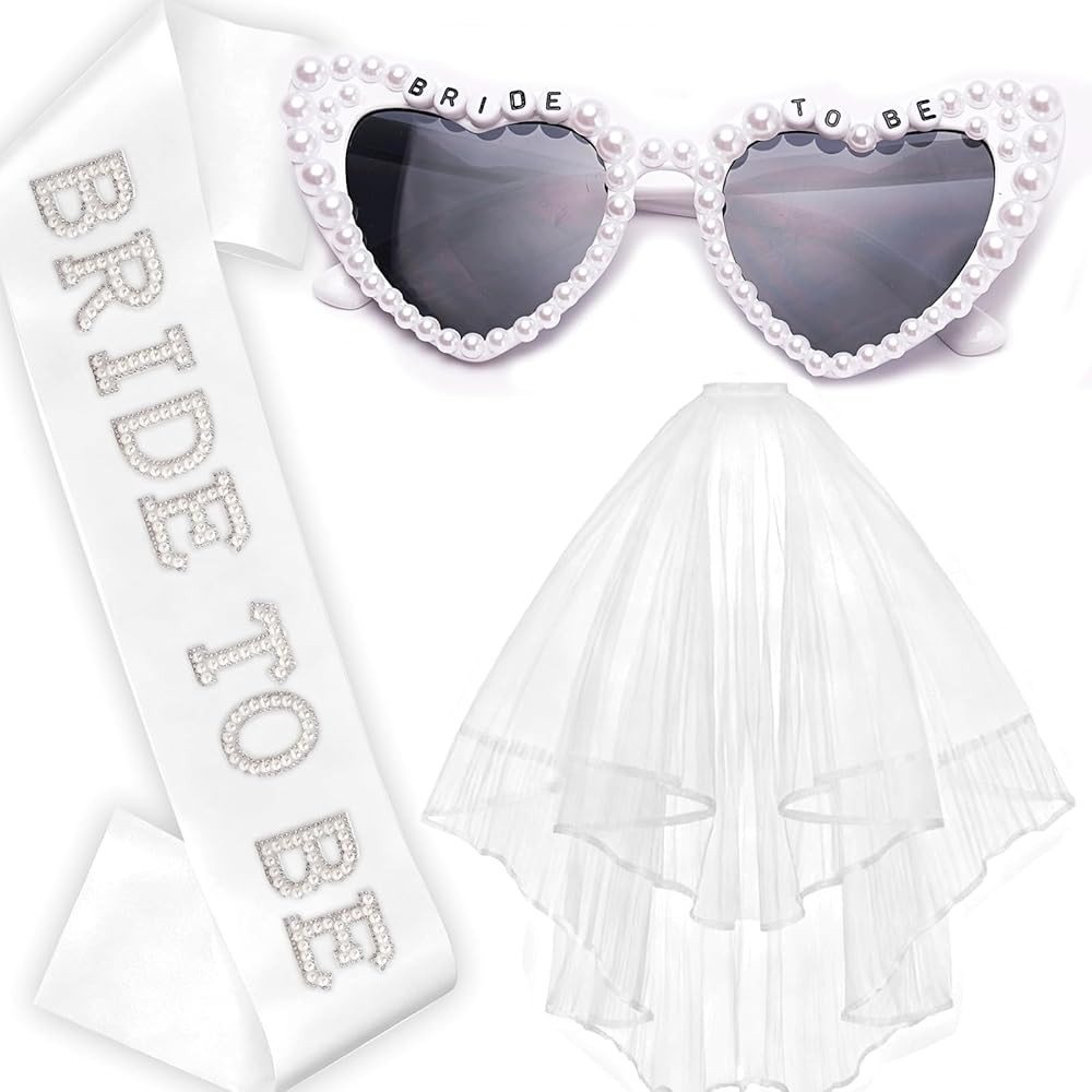 Bachelorette Party Bride to Be Decorations - 3 PCS | Pearl Sash, White Heart Sunglasses, Veil | B... | Amazon (US)