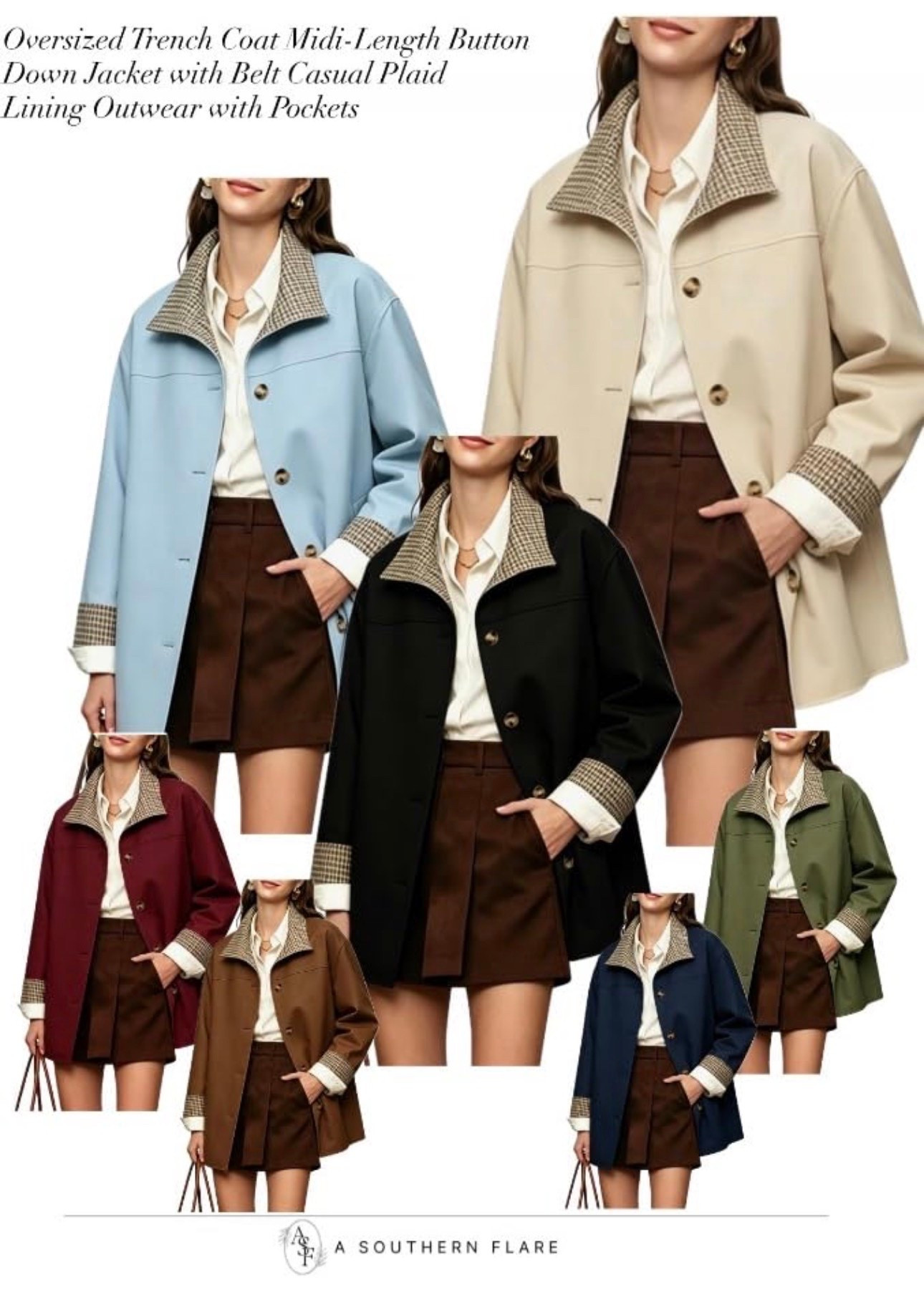 Chic trench coats to elevate your style! Perfect for any occasion. #Fashionista #TrenchCoat/Women's Oversized Trench Coat Midi-Length Button Down Jacket with Belt Casual Plaid Lining Outwear with Pockets