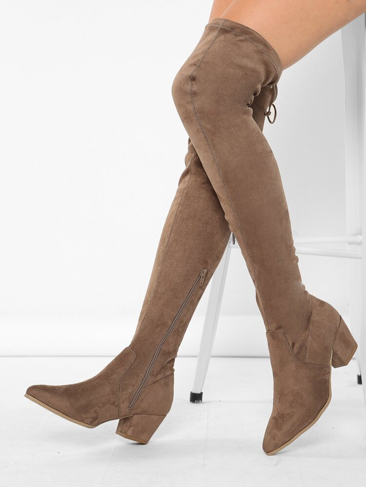 Pointed Toe Stretch Suede Block Heel Thigh Boots | SHEIN