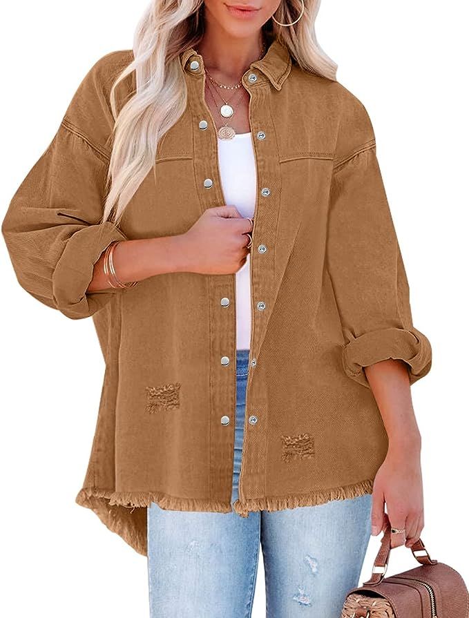 LookbookStore Womens Denim Jacket Oversized Button Down Shirts Jean Shacket Distressed Frayed Coa... | Amazon (US)