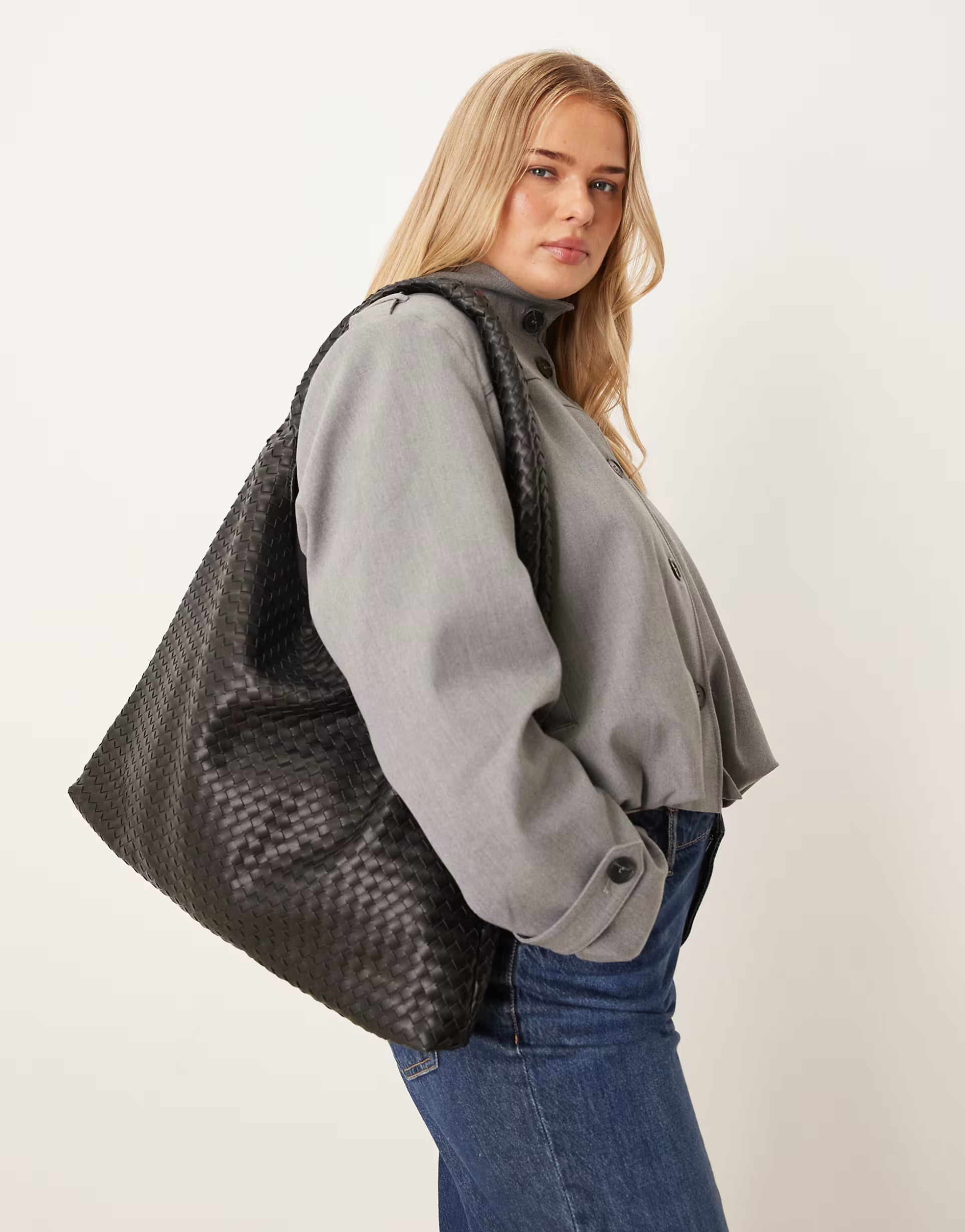 Gina Tricot large slouchy faux suede braided weave shoulder bag in black | ASOS (Global)