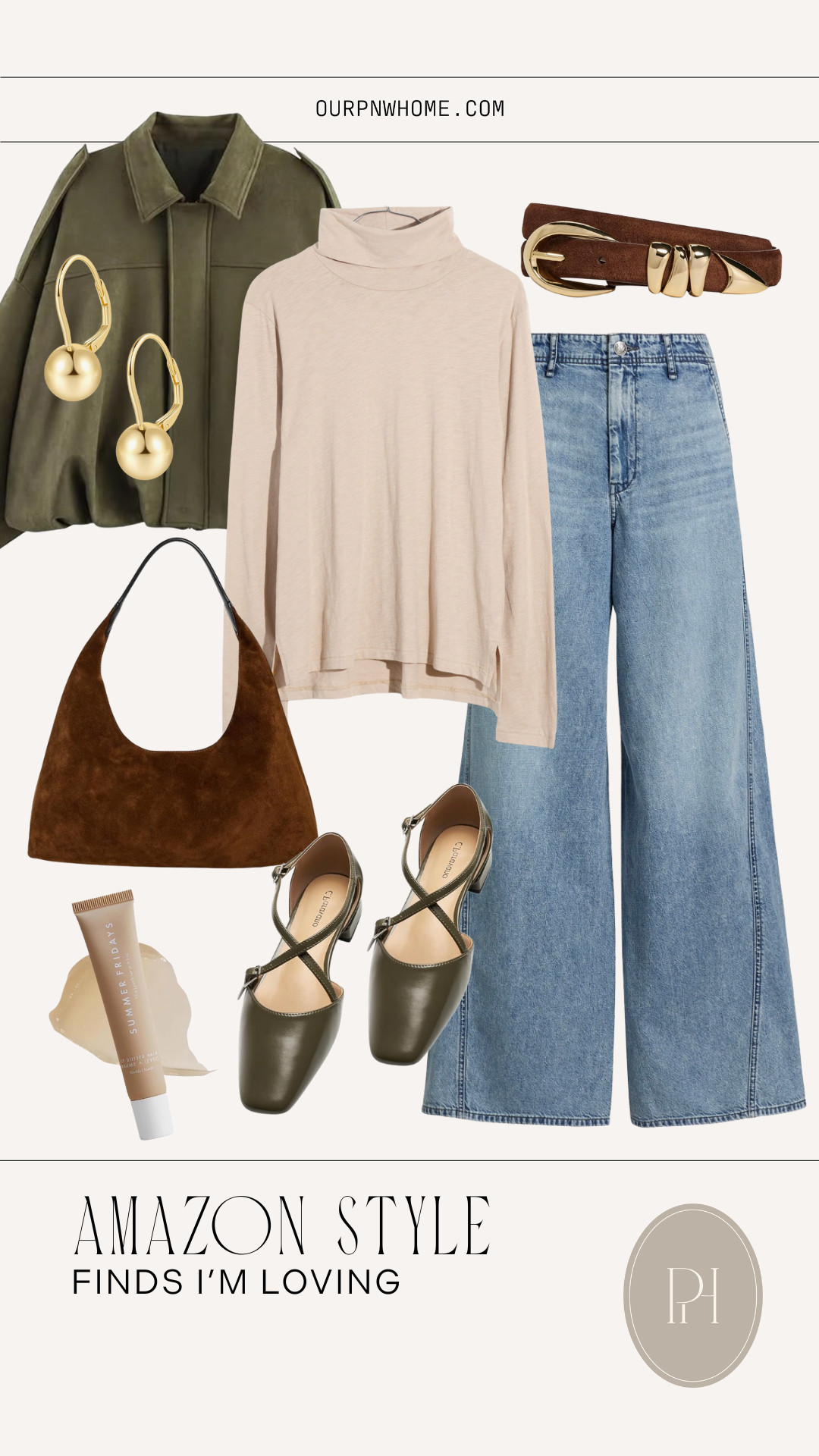 Latest fall fashion finds I'm loving from Amazon!

neutral fashion, fall style, fall outfit, fall looks, wide leg jeans, flared denim, flared jeans, olive green flats, olive green bomber jacket, fall jacket, lightweight turtleneck tee, neutral turtleneck, brown suede purse, brown suede belt, fall handbag, gold earrings, lip balm, lip gloss 

 #LTKStyleTip #LTKShoeCrush #LTKItBag