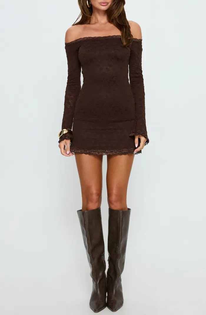 Avenues Off the Shoulder Long Sleeve Lace Minidress Long Sleeve Brown Dress With Sleeves Black Boots | Nordstrom