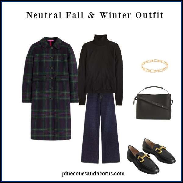 Plaid coat and casual outfit with turtleneck sweater, loafers and a gold bracelet.  

 #LTKGiftGuide #LTKSeasonal #LTKHome