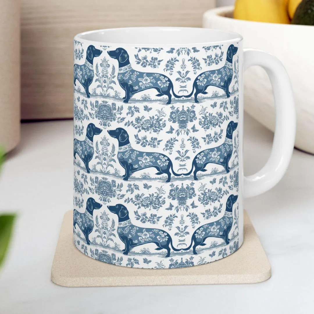 Dachshund French Blue Toile De Jouy Mug, Blue Toile De Jouy Wiener Gift, Dachshund Ceramic Coffee... | Etsy (US)