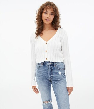 Ribbed Button-Front Cropped V-Neck Cardigan | Aeropostale