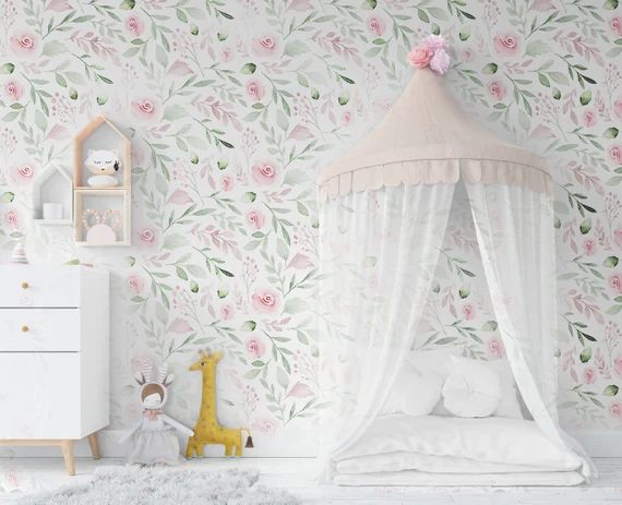 Floral Wallpaper Nursery Rose Flower Girl Room Wallpaper | Etsy | Etsy (US)