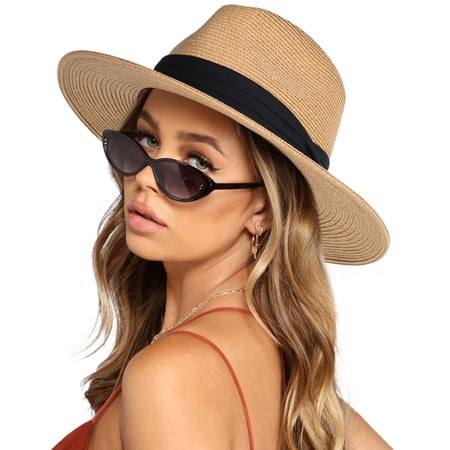 FURTALK Womens Mens Wide Brim Straw Panama Hat Fedora Summer Beach Sun Hats UPF Straw Hat for Women | Walmart (US)