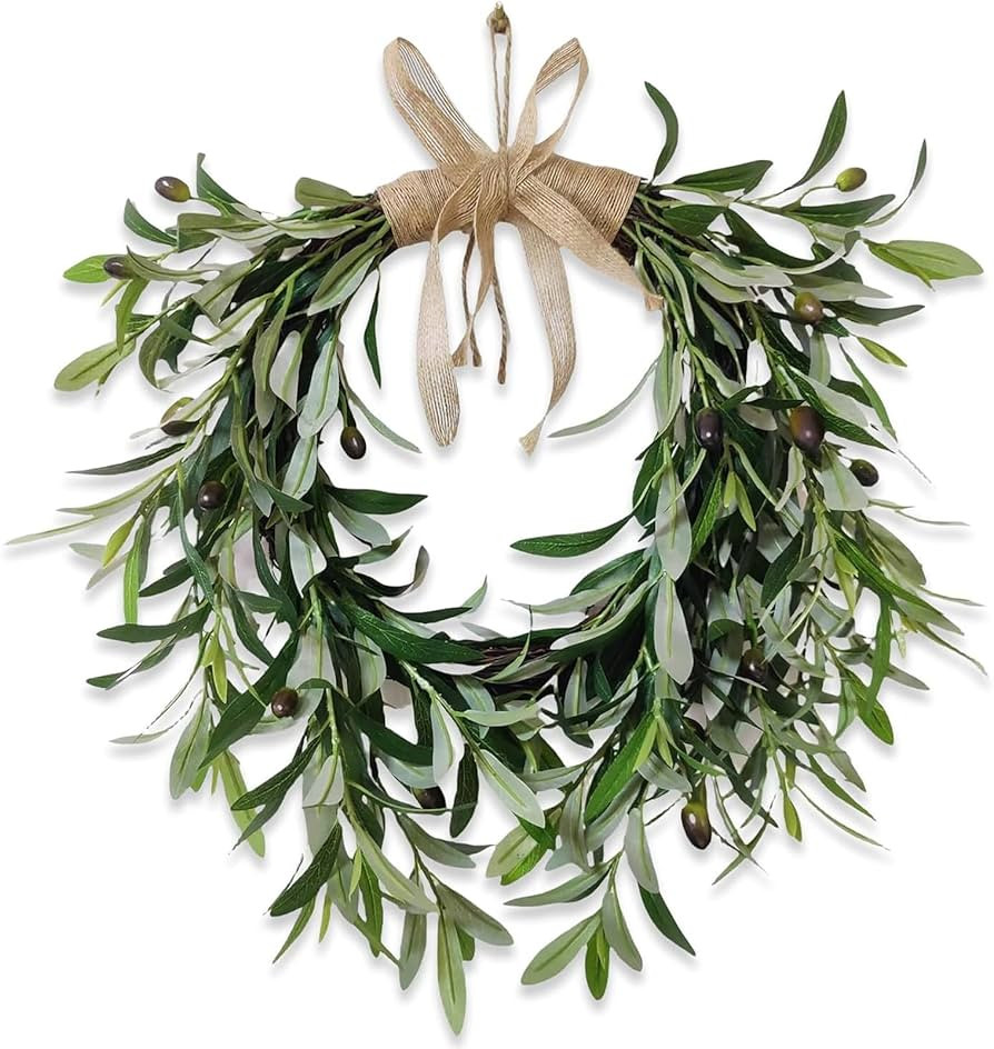 22" Heart Shaped Artificial Olive Leaf & Fruit Wreath - Realistic Green Olive Branches with Sprin... | Amazon (US)