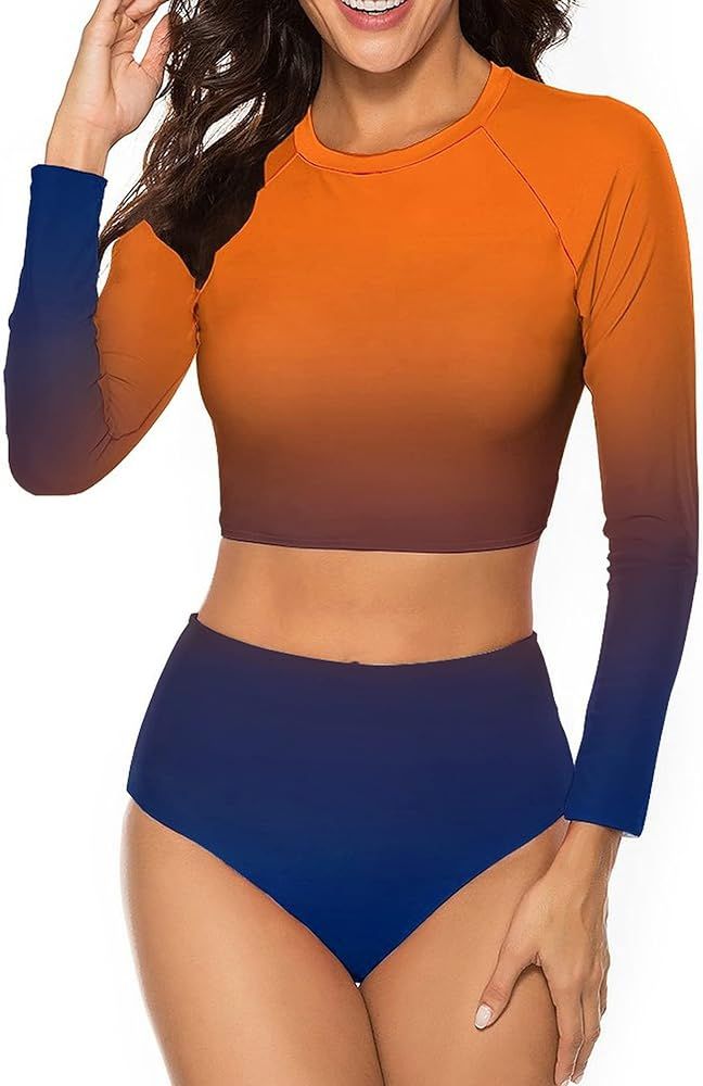 Wolddress Womens Rash Guard Swimsuit 2 Piece Long Sleeve Sun Protection Bikini Swimwear Gradient Ora | Amazon (US)