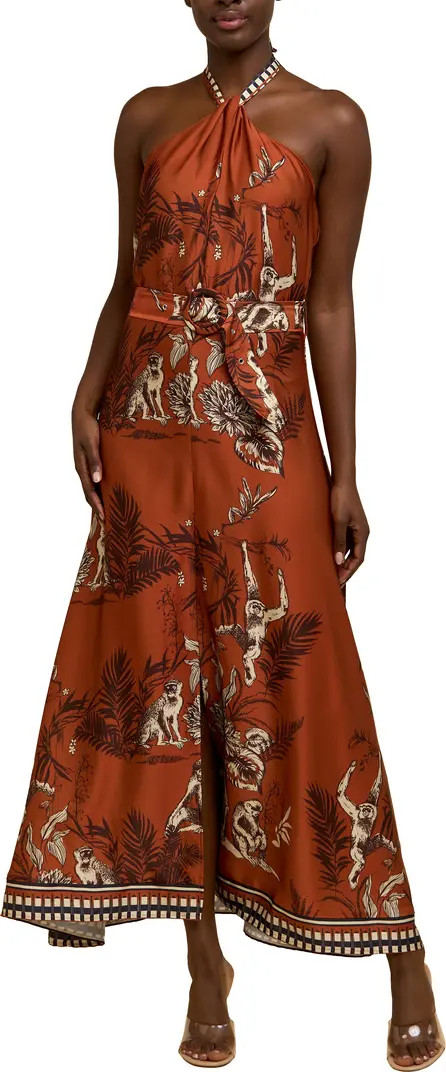 Courtney Animal Print Halter Neck Satin Maxi Dress | Nordstrom