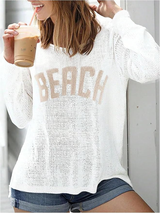 COZYEASE Women's Beach Cover Up Letter Print Long Sleeve Sweater Crew Neck Split Hem Crochet Jump... | Amazon (US)