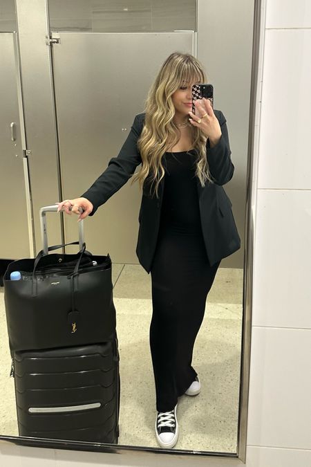 Airport outfit - an oversized blazer and the skims soft lounge dress look so sleek and chic and yet make you look so pulled together and polished. Pair with converse and a luxury tote for a glam high end look 

#LTKstyletip #LTKunder100 #LTKtravel