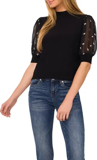CeCe Mixed Media Puff Sleeve Mock Neck Top | Nordstrom | Nordstrom