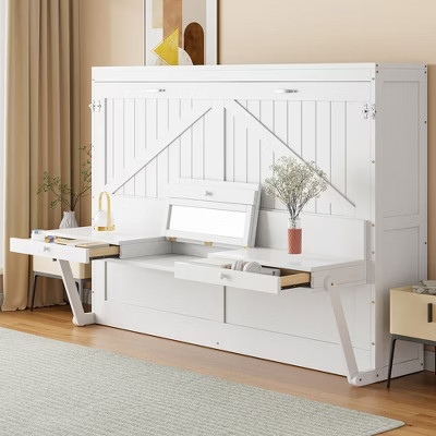 Queen Size Wall Murphy Bed with Storage, Foldable Cabinet Bed with Vanity Desk, Center Mirror & 2 Side Drawers for Guest Room Office, White | Target