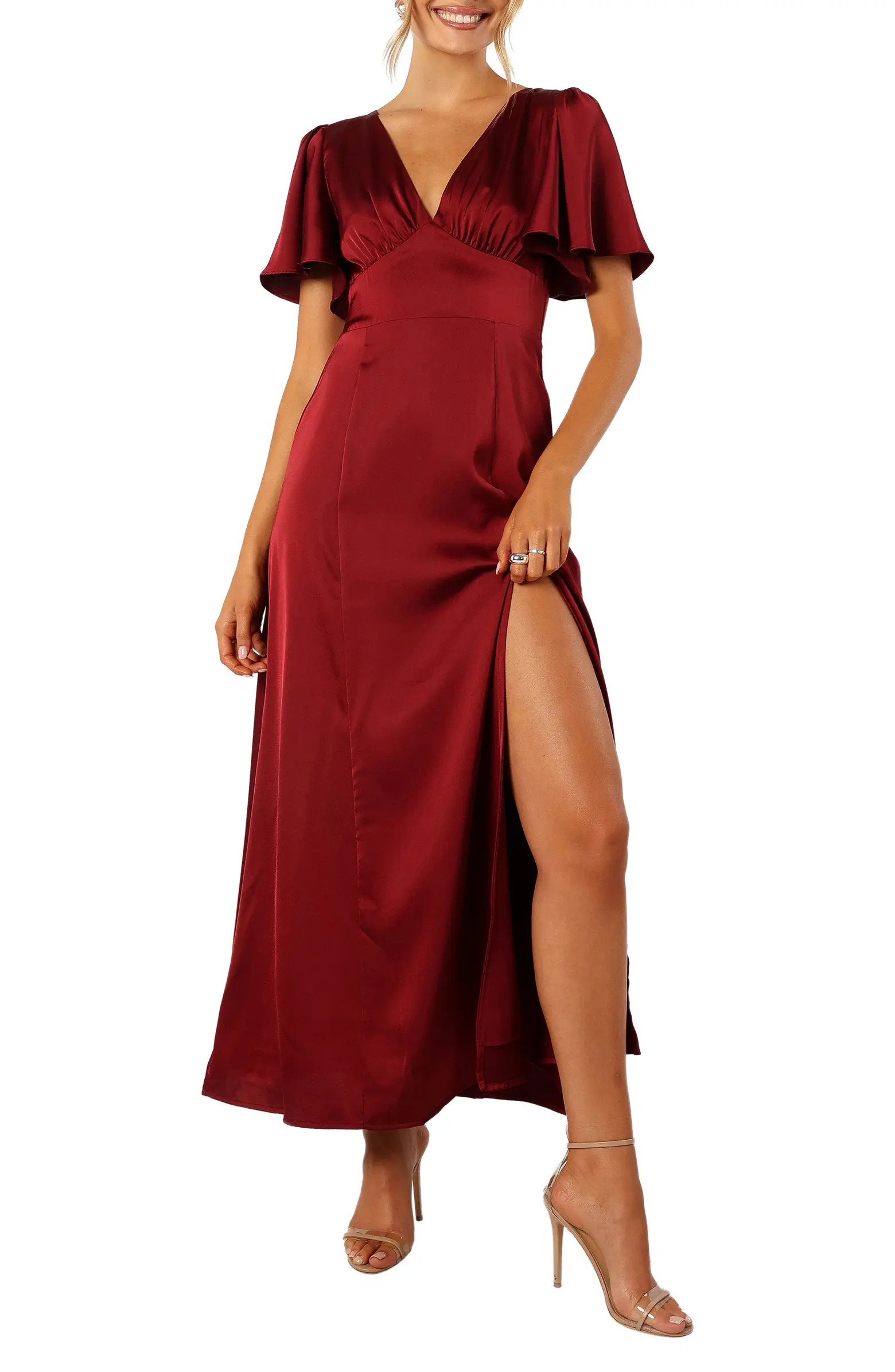casper flutter sleeve satin dress Petal & Pup Casper Flutter Sleeve Satin Dress - Wine