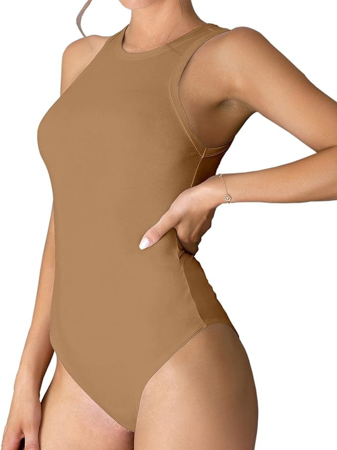 MANGDIUP Womens Basic Sleeveless Crewneck Bodysuits Slim Fit Stretch Cotton Tank Tops Halter Jumpsui | Amazon (US)