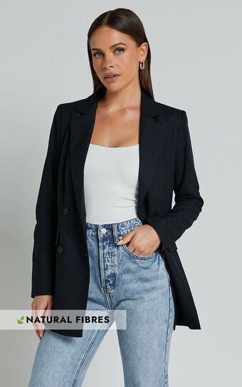 Celinee Blazer - Linen Look Double Breasted Long Sleeve Blazer in Black | Showpo (ANZ)