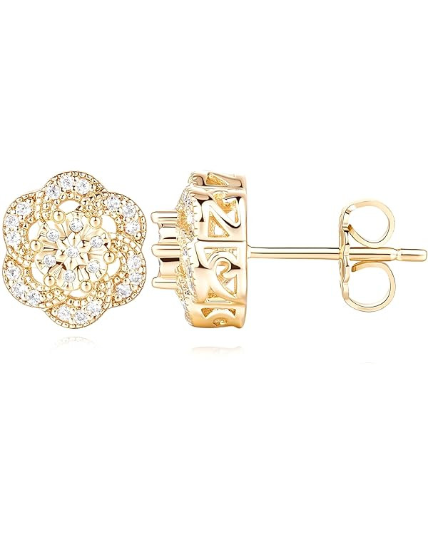 GLOSOLE Gold Stud Earrings for women Trendy, Flower-shaped 14K Gold Earrings Studs Perfect Fit Ni... | Amazon (US)