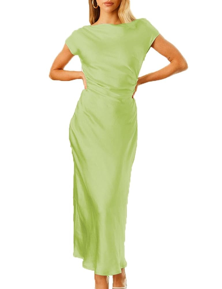 2025 Satin Cap Sleeve Cowl Back Summer Dresses for Women Elegant Ruched Waist Wedding Guest Midi ... | Amazon (US)