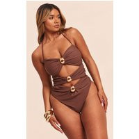 Shape Chocolate Strappy Gold Trim Twist Front Swimsuit | PrettyLittleThing US