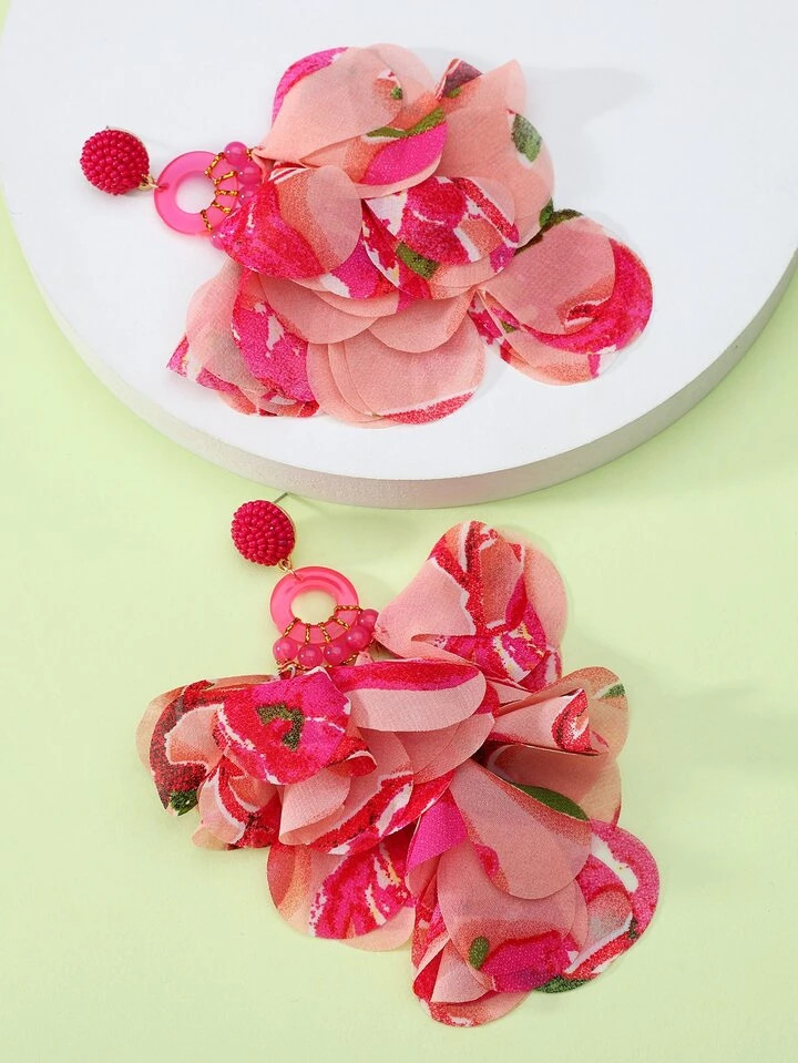 1pair Long Pink Mesh Petals Decor Dangle Earrings | SHEIN