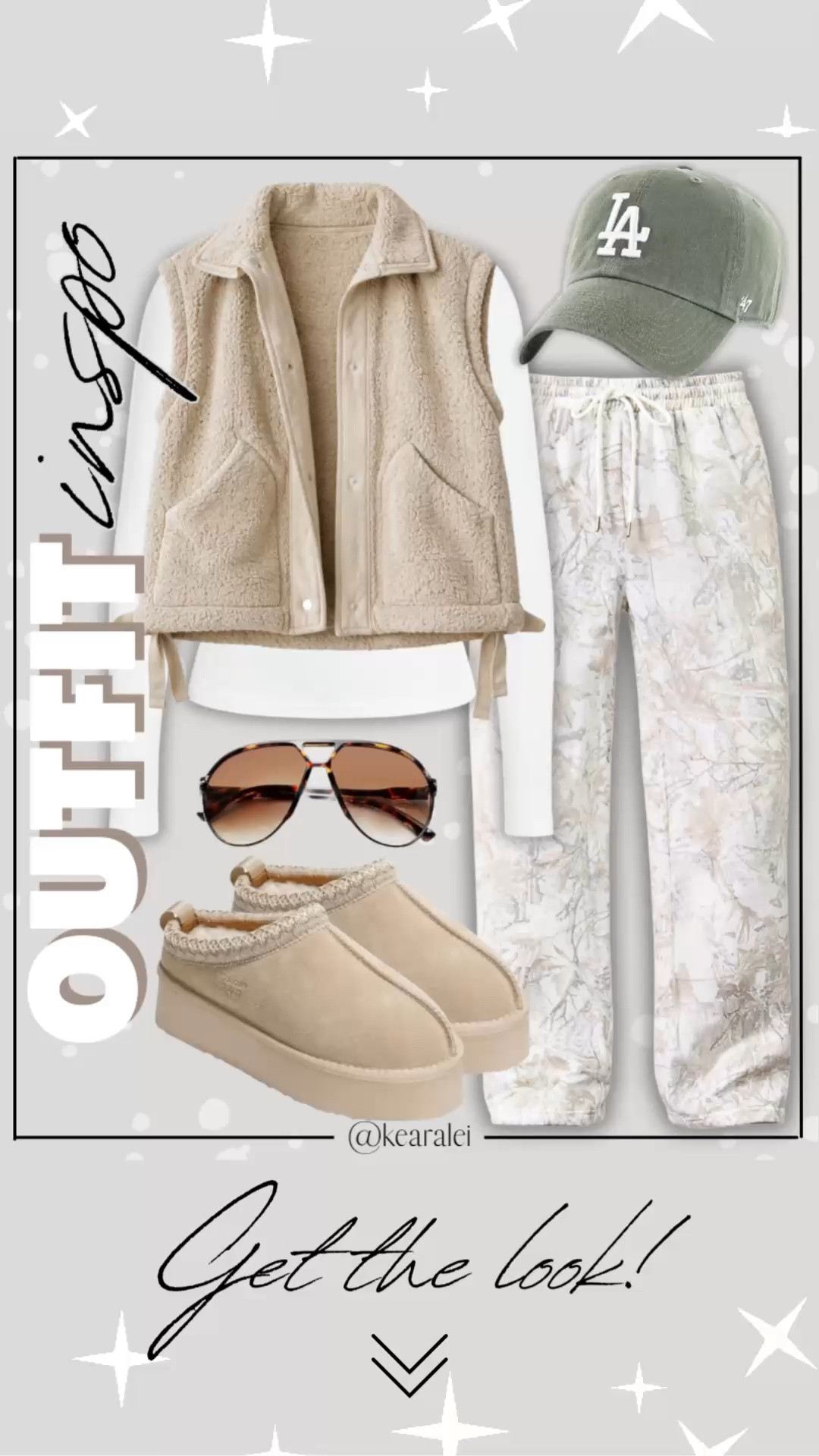 Spring outfits 2026 winter outfits Amazon comfy outfit Amazon fashion tan khaki beige oversized fuzzy fleece vest tan Sherpa vest free people inspired look for less light grey camo sweat pants sweats Camo Pants Women Baggy Fleece Y2K Camouflage Cargo Pants High Waisted Wide Leg Drawstring Jogger Sweatpants white long sleeve top bodysuit white Henley long sleeve top tan Ugg tazz slippers genuine shearling suede leather platform clogs slippers uggs look for less with green 47 brand baseball hat cap brown aviator sunglasses || #amazon #outfit #winter #fall #cozy #freepeople #vest #affordable #neutrals
.
.
.

Fitness Wear, Activewear, exercise outfit, workout leggings, sports bra, Lulu lemon, free people motion active athleisure Amazon fashion, teacher outfits, business casual, casual outfits, neutrals, street style, Midi skirt, Maxi Dress, Swimsuit, Bikini, Travel, skinny Jeans, Puffer Jackets, Concert Outfits, Cocktail Dresses, Sweater dress, Sweaters, cardigans Fleece Pullovers, hoodies, button-downs, Oversized Sweatshirts, Jeans, High Waisted Leggings, dresses, joggers, fall Fashion, winter fashion, leather jacket, Sherpa jackets, Deals, shacket, Plaid Shirt Jackets, apple watch bands, lounge set, Date Night Outfits, Vacation outfits, Mom jeans, shorts, sunglasses, Disney outfits, Romper, jumpsuit, Airport outfits, biker shorts, Weekender bag, plus size fashion, Stanley cup tumbler Target, Abercrombie and fitch, Amazon, Shein, Nordstrom, H&M, forever 21, forever21, Walmart, asos, Nordstrom rack, Nike, adidas, Vans, Quay, Tarte, Sephora, lululemon, free people, j crew jcrew factory, old navy

#LTKootd #LTKSeasonal #LTKSaleAlert