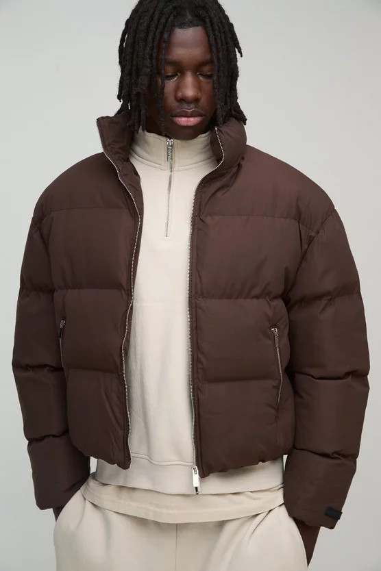 Man Boxy Fit Funnel Neck Puffer Coat In Brown | boohooMAN (US & Canada)
