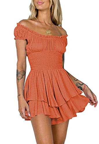 AOHITE Womens Summer Tube Top Dress Off-Shoulder Ruffled Flowy Mini Short Dresses Orange Large | Amazon (US)