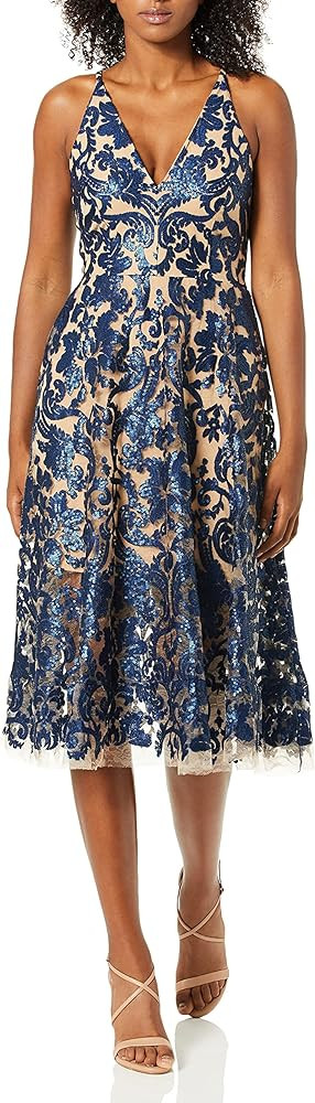 Dress the Population Women's Blair Plunging Fit and Flare Midi Dress | Amazon (US)