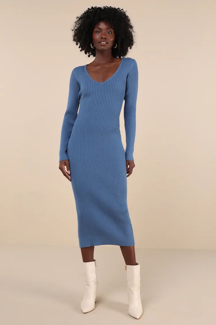 Blue Long Sleeve Ribbed Knit Sweater Dress | Blue Sweater Dress | Lulus Dress | Lulus