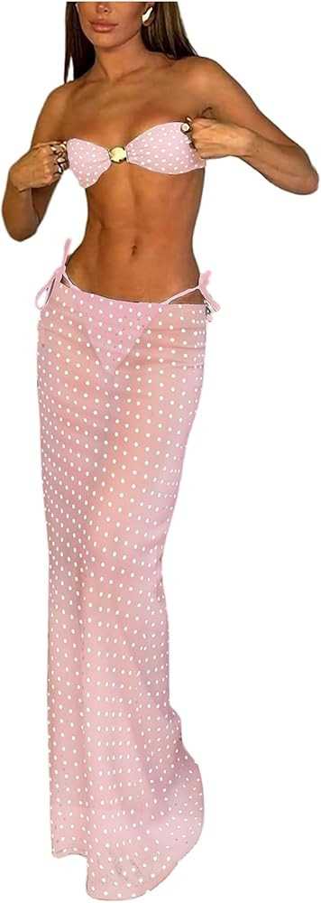 SweatyRocks Women's Polka Dots Bandeau Bikini Sets Side Tie Thong 3 Piece Swimsuit with Cover Up | Amazon (US)